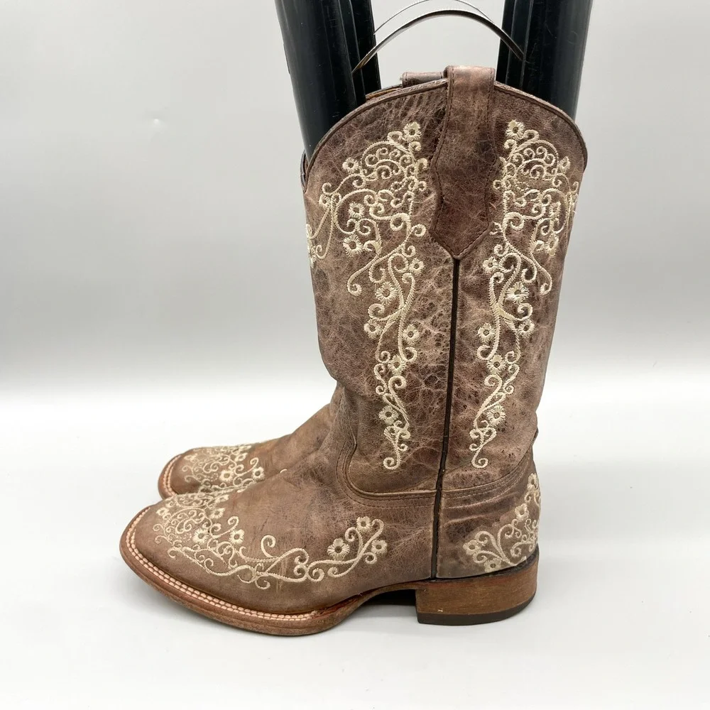 Corral Teen Size 4T Brown Leather Floral Embroidered Square Toe Western Boots